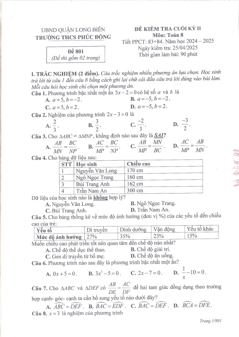 Đề thi Học kì 2 Toán 8 trường THCS Phúc Đồng (Hà Nội) năm 2024-2025