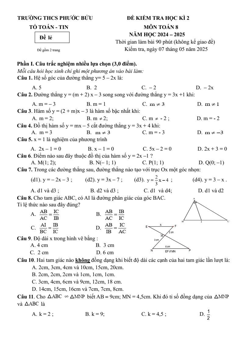 Đề thi Học kì 2 Toán 8 trường THCS Phước Bửu (Bà Rịa - Vũng Tàu) năm 2024-2025