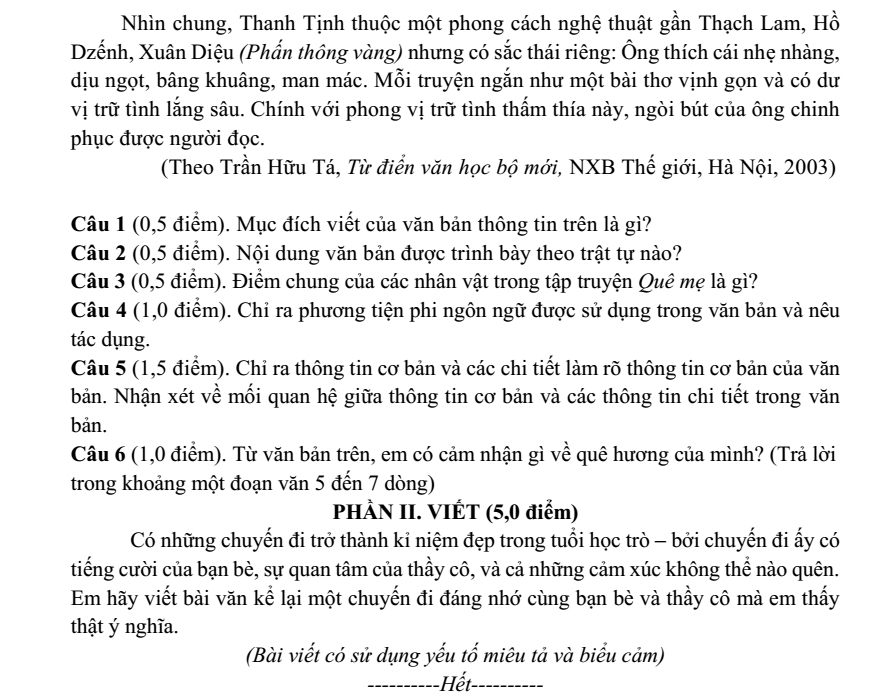 Đề thi Học kì 2 Văn 8 năm 2024-2025 Phòng GD&ĐT Thị xã Mỹ Hào (Hưng Yên)