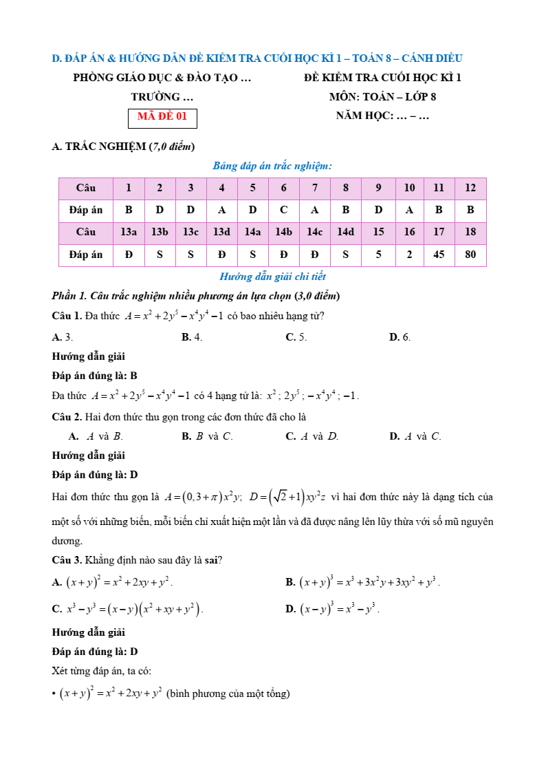10 Đề thi Học kì 1 Toán 8 Cánh diều (có đáp án, cấu trúc mới)
