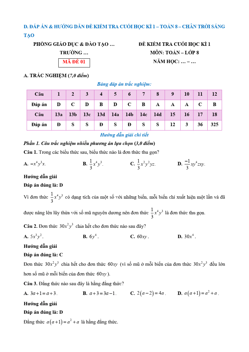 10 Đề thi Học kì 1 Toán 8 Chân trời sáng tạo (có đáp án, cấu trúc mới)