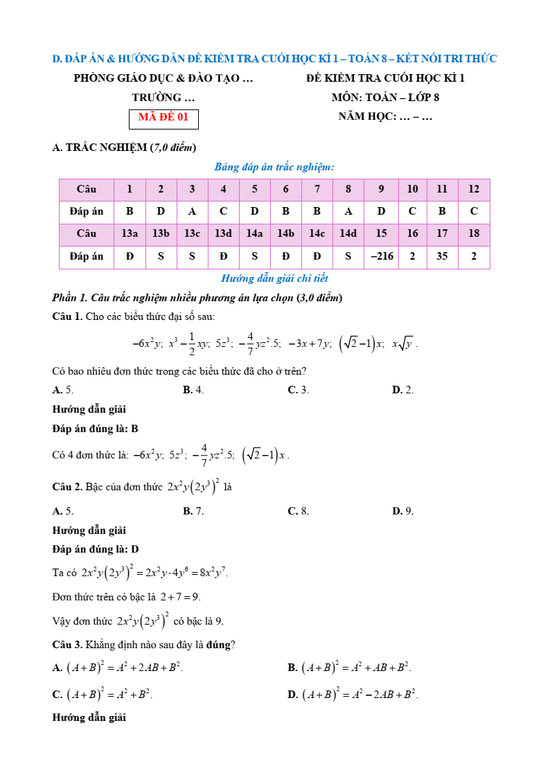 10 Đề thi Học kì 1 Toán 8 Kết nối tri thức (có đáp án, cấu trúc mới)