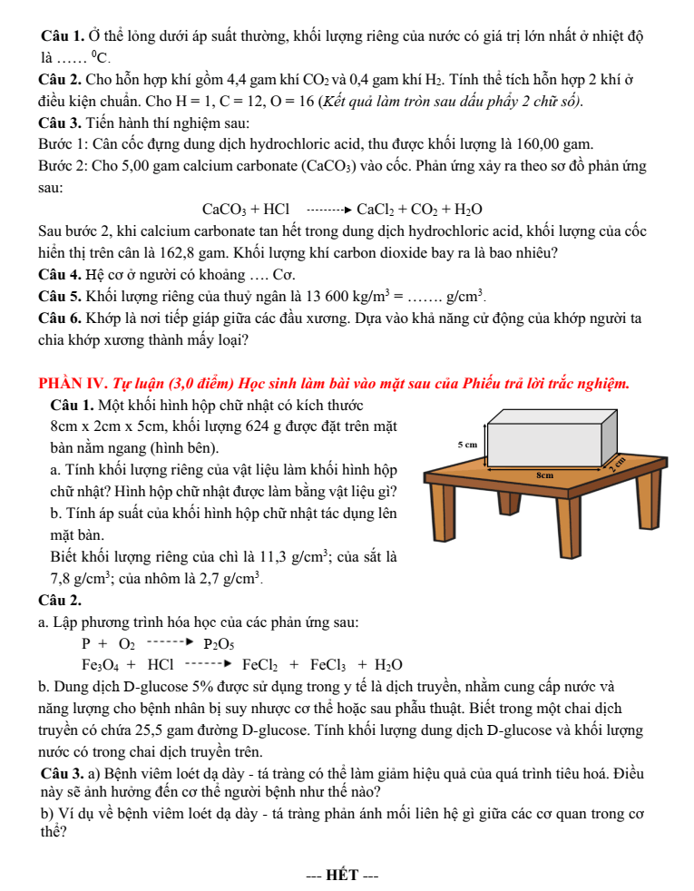 Đề thi Giữa kì 1 KHTN 8 năm 2024-2025 trường THCS Ngô Gia Tự (Hà Nội)