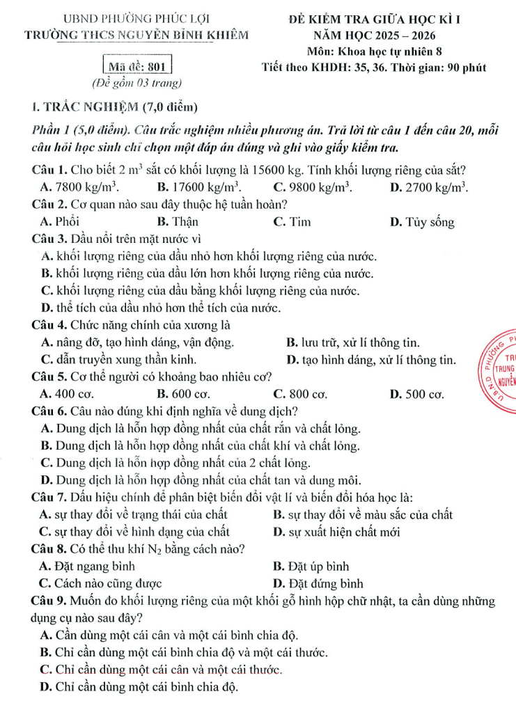 Đề thi Giữa kì 1 KHTN 8 năm 2025-2026 trường THCS Nguyễn Bỉnh Khiêm (Hà Nội)
