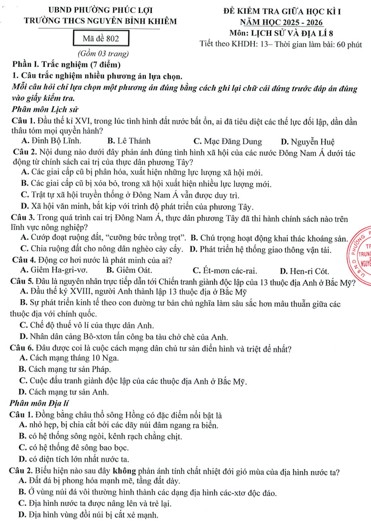 Đề thi Giữa kì 1 Lịch Sử và Địa Lí 8 năm 2025-2026 trường THCS Nguyễn Bỉnh Khiêm (Hà Nội)