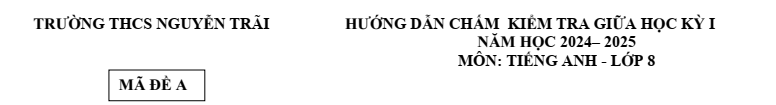 Đề thi Giữa kì 1 Tiếng Anh 8 năm 2024-2025 trường THCS Nguyễn Trãi (Quảng Nam)