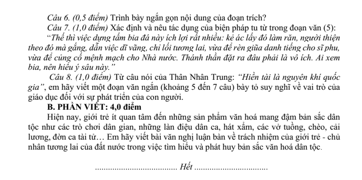 Đề thi Học kì 1 Văn 8 năm 2024-2025 Phòng GD&ĐT Thái Hòa (Nghệ An)