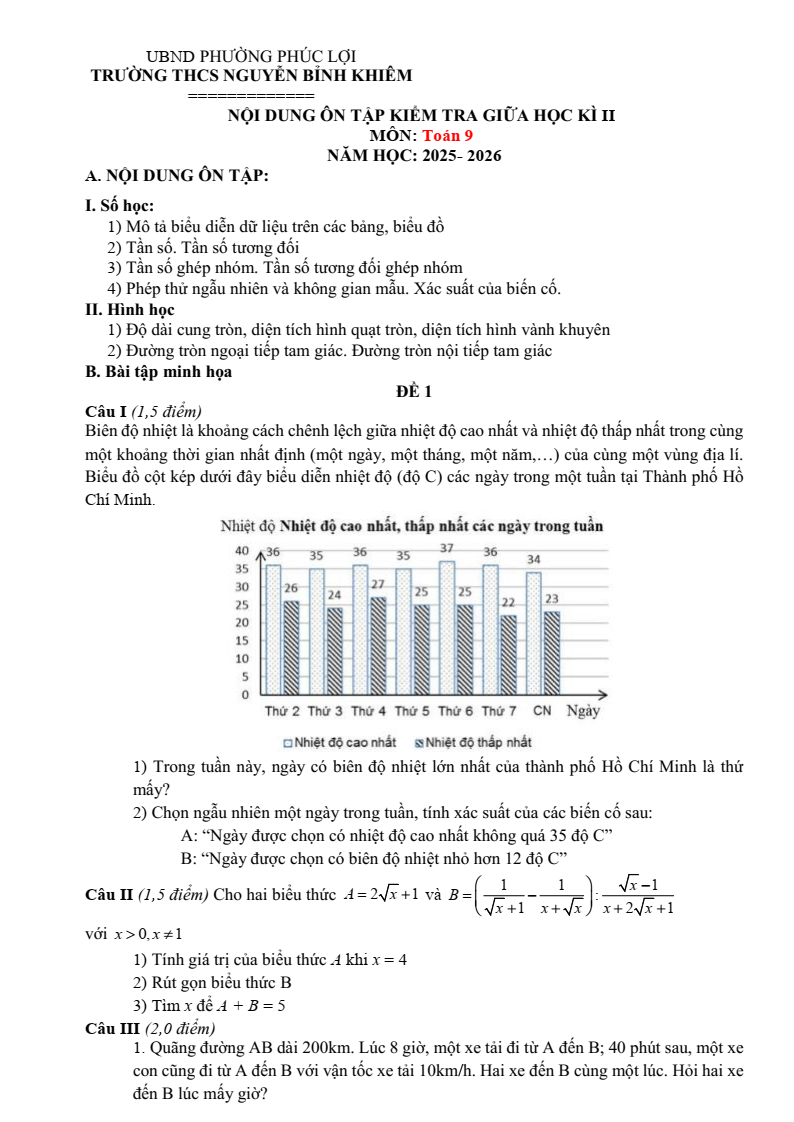 Đề cương ôn tập Giữa kì 2 Toán 9 trường THCS Nguyễn Bỉnh Khiêm (Hà Nội) năm 2025-2026