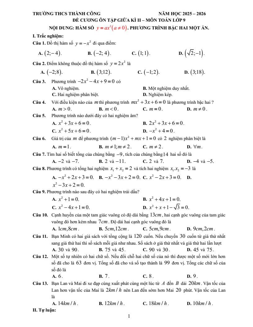Đề cương ôn tập Giữa kì 2 Toán 9 trường THCS Thành Công (Hà Nội) năm 2025-2026