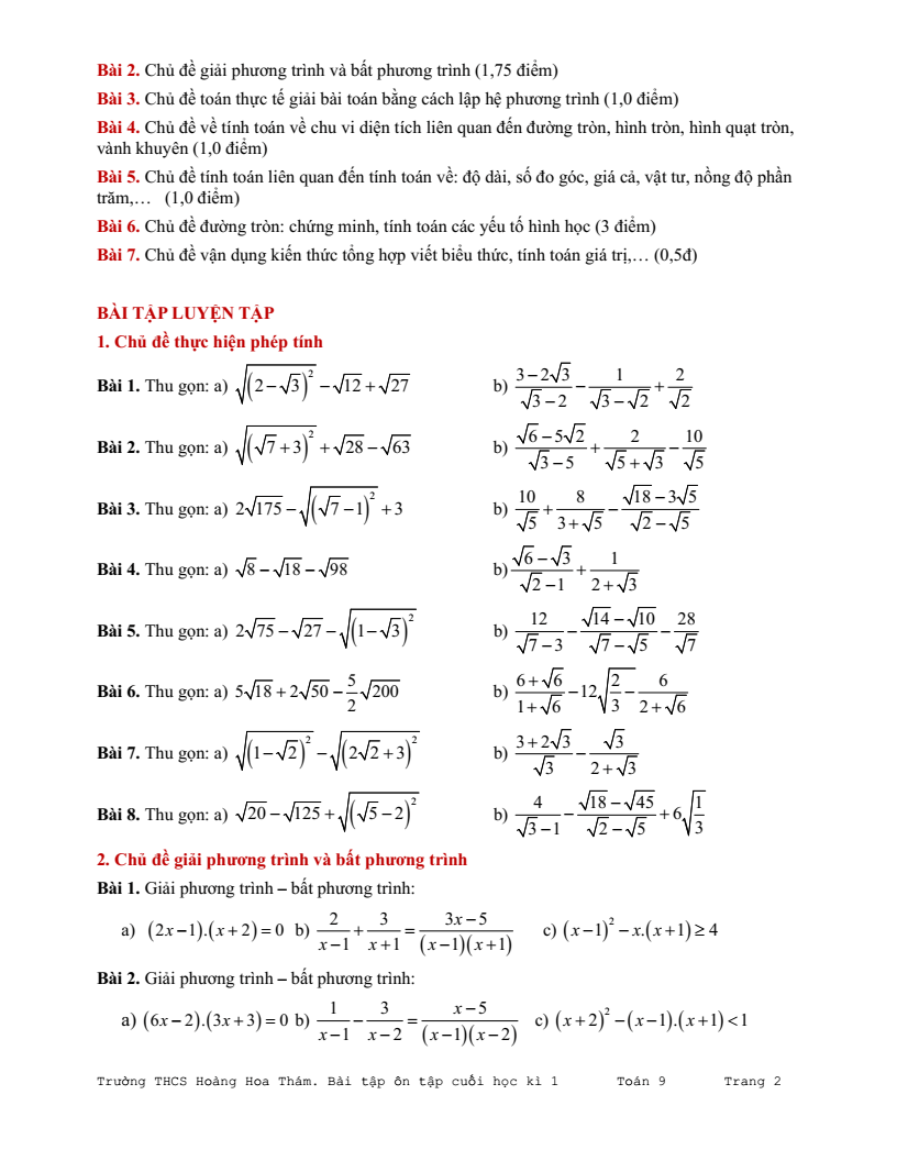 Đề cương ôn tập Học kì 1 Toán 9 trường THCS Hoàng Hoa Thám năm 2025-2026