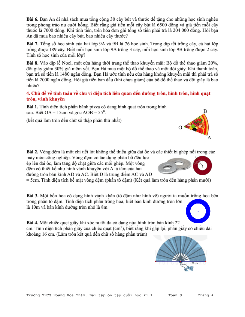 Đề cương ôn tập Học kì 1 Toán 9 trường THCS Hoàng Hoa Thám năm 2025-2026