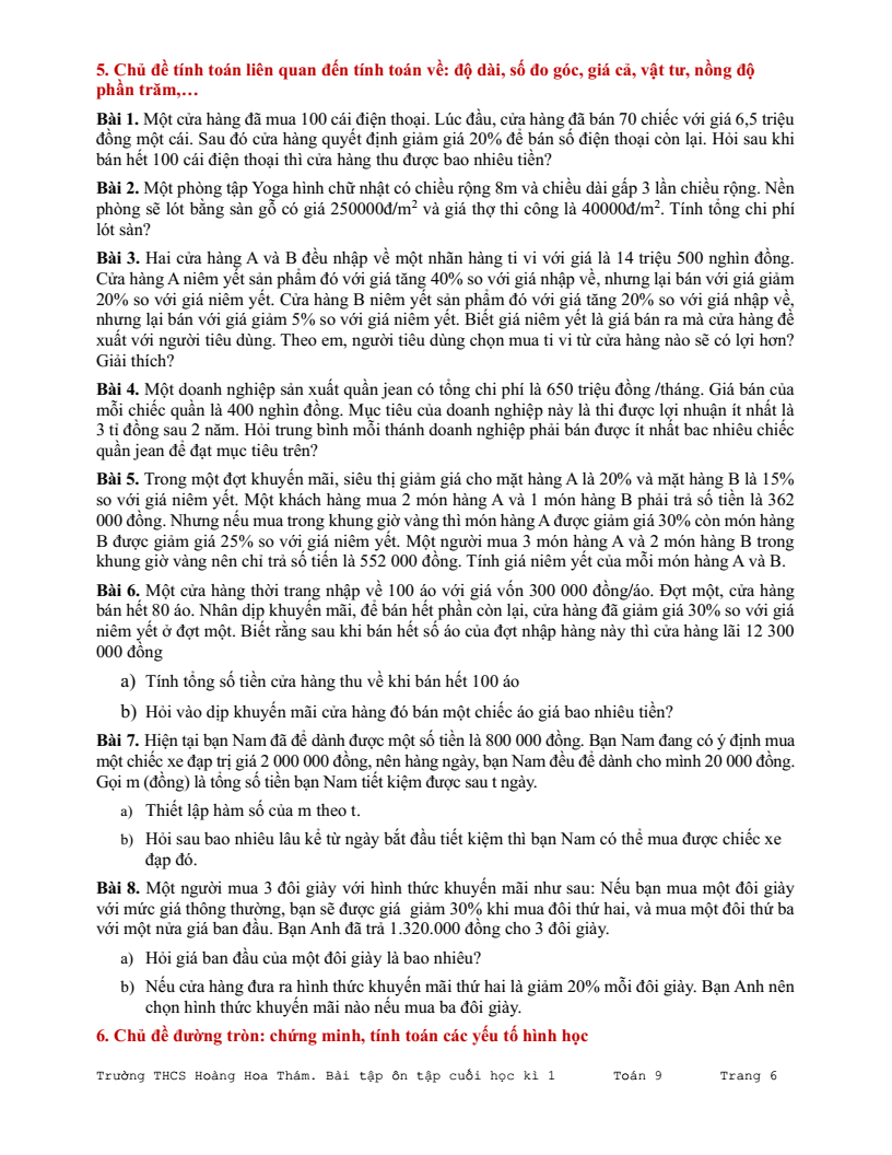 Đề cương ôn tập Học kì 1 Toán 9 trường THCS Hoàng Hoa Thám năm 2025-2026