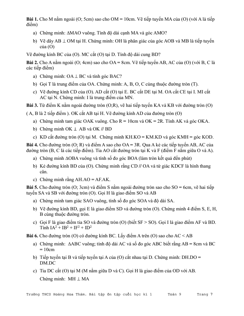 Đề cương ôn tập Học kì 1 Toán 9 trường THCS Hoàng Hoa Thám năm 2025-2026