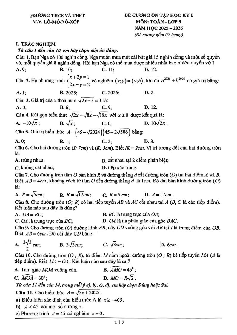 Đề cương ôn tập Học kì 1 Toán 9 trường THCS và THPT M.V. Lô-mô-nô-xốp năm 2025-2026