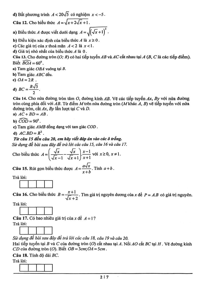 Đề cương ôn tập Học kì 1 Toán 9 trường THCS và THPT M.V. Lô-mô-nô-xốp năm 2025-2026