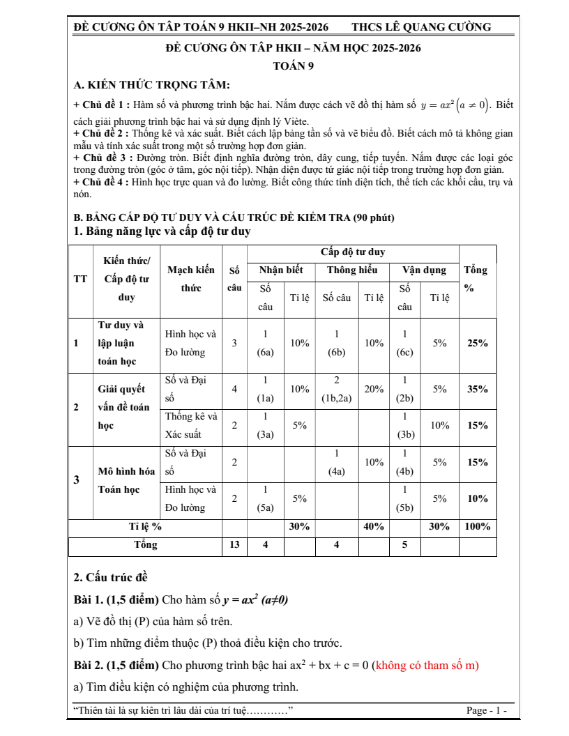 Đề cương ôn tập Học kì 2 Toán 9 trường THCS Lê Quang Cường (TP HCM) năm 2025-2026