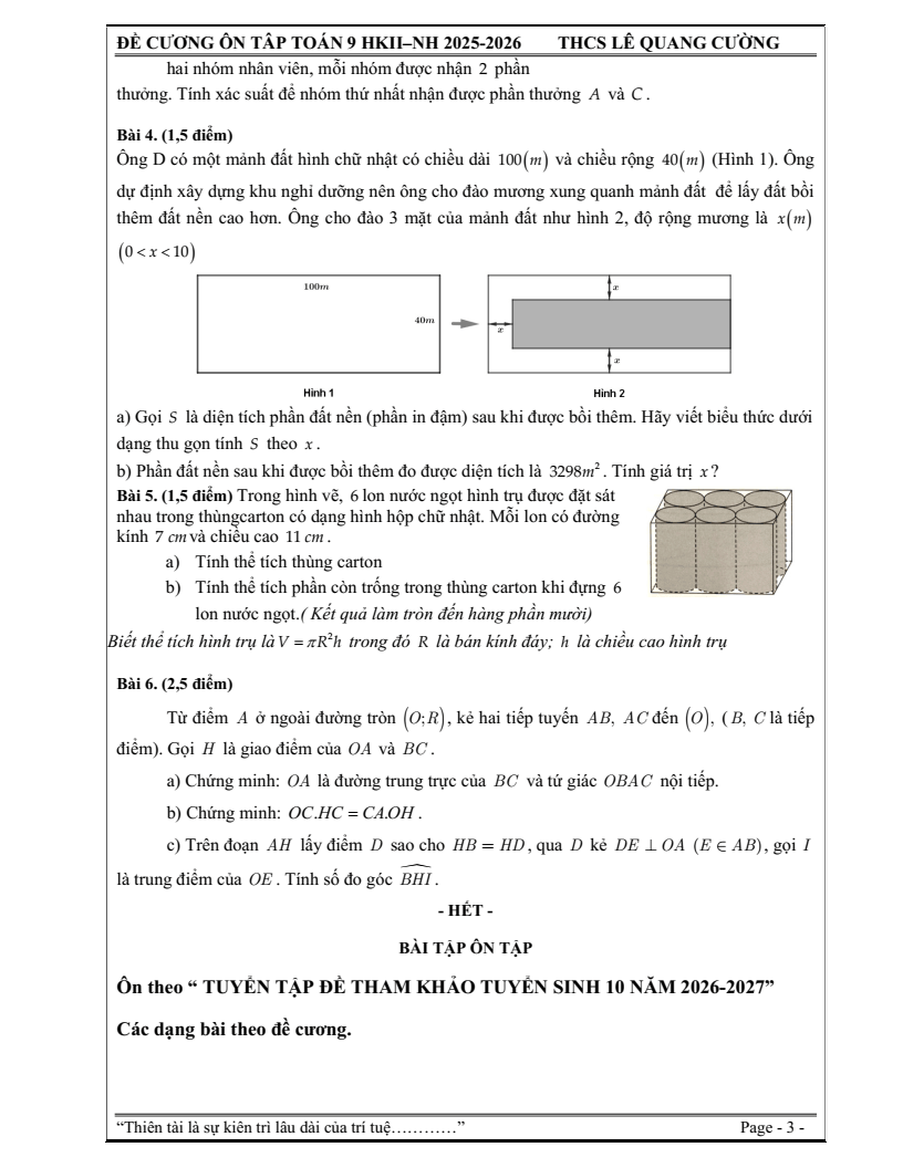 Đề cương ôn tập Học kì 2 Toán 9 trường THCS Lê Quang Cường (TP HCM) năm 2025-2026