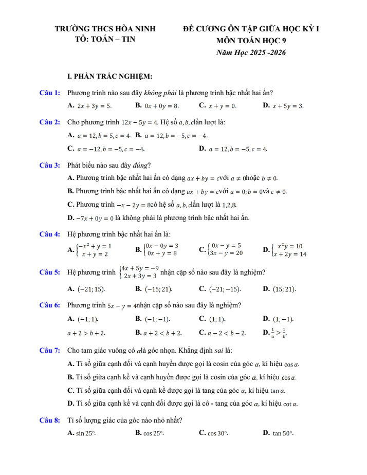 Đề cương ôn tập Giữa kì 1 Toán 9 trường THCS Hòa Ninh năm 2025-2026