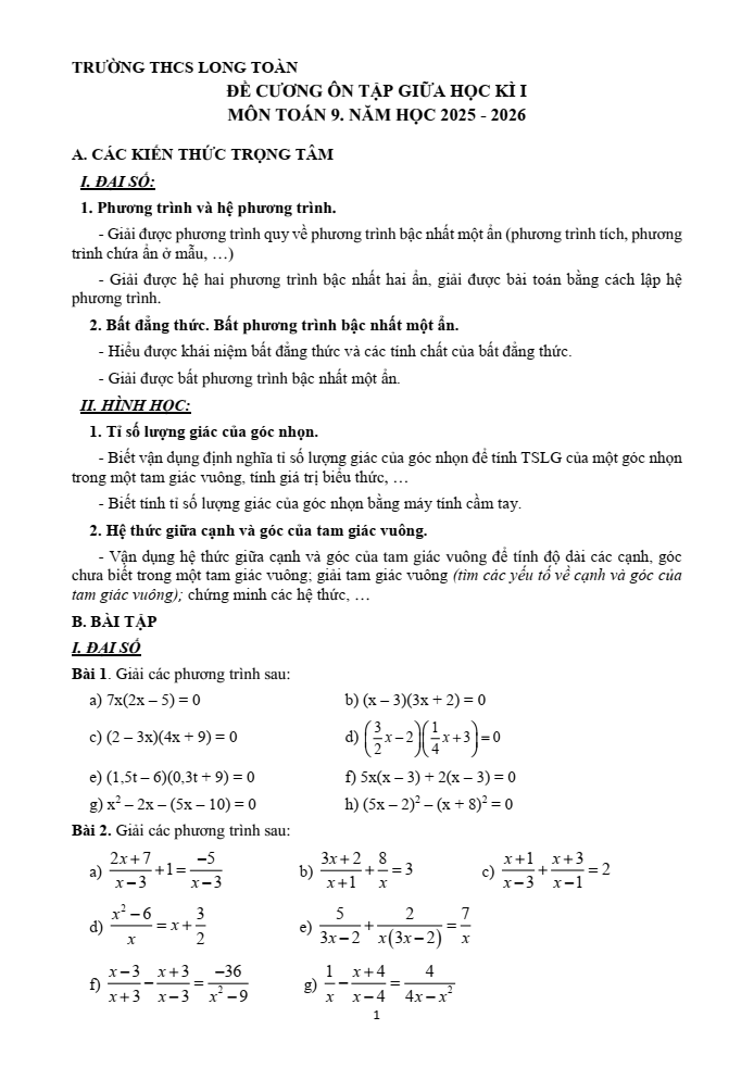 Đề cương ôn tập Giữa kì 1 Toán 9 trường THCS Long Toàn năm 2025-2026
