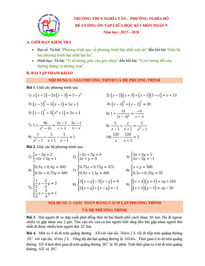 Đề cương ôn tập Giữa kì 1 Toán 9 trường THCS Nghĩa Tân năm 2025-2026