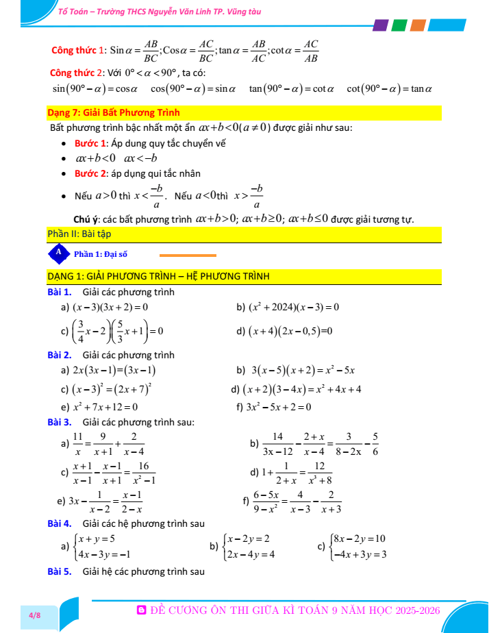 Đề cương ôn tập Giữa kì 1 Toán 9 trường THCS Nguyễn Văn Linh năm 2025-2026