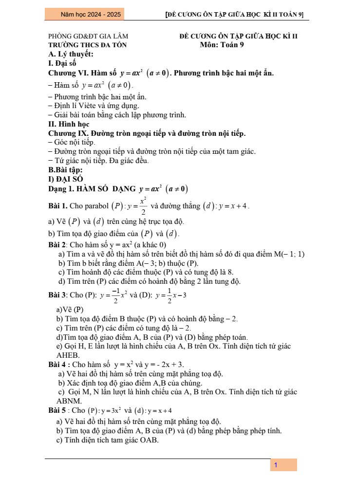 Đề cương ôn tập Giữa kì 2 Toán 9 trường THCS Đa Tốn năm 2024-2025