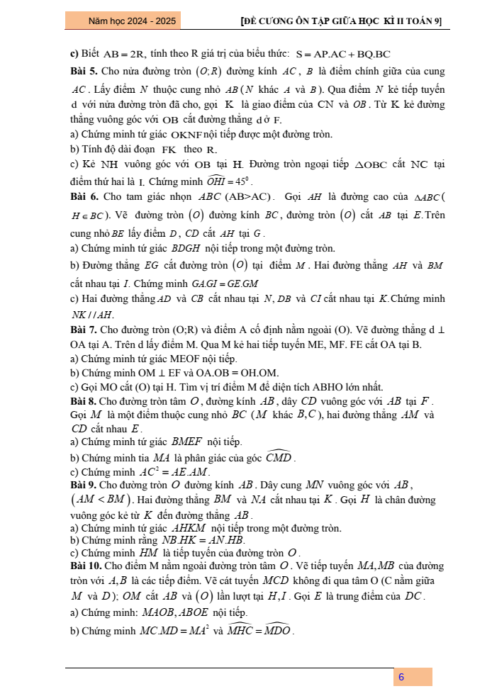 Đề cương ôn tập Giữa kì 2 Toán 9 trường THCS Đa Tốn năm 2024-2025