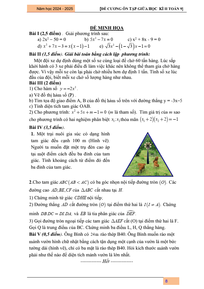 Đề cương ôn tập Giữa kì 2 Toán 9 trường THCS Đa Tốn năm 2024-2025
