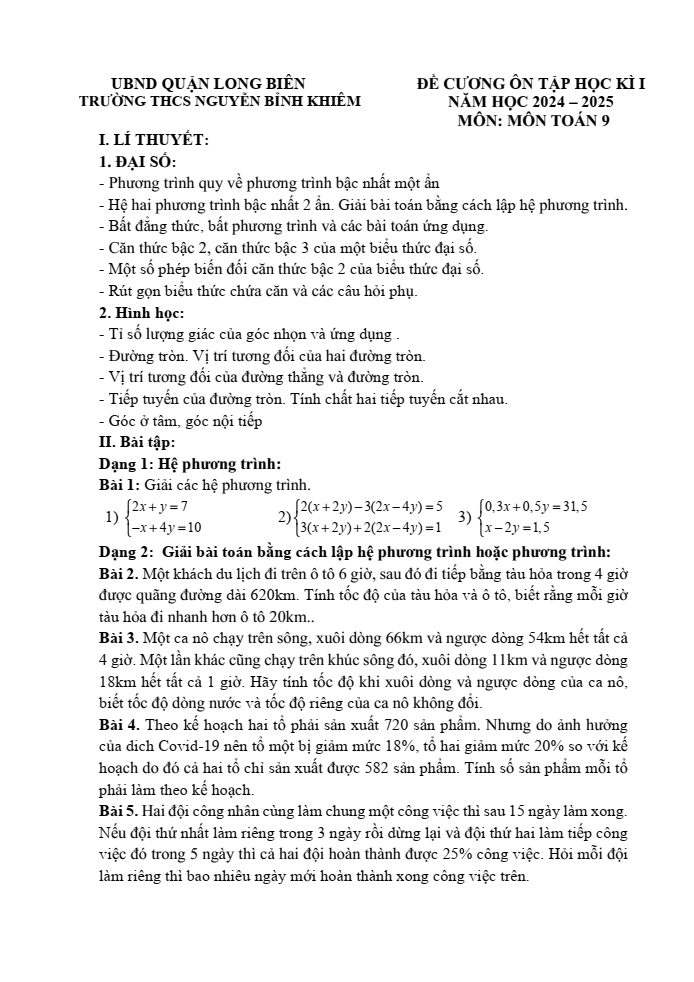 Đề cương ôn tập Học kì 1 Toán 9 trường THCS Nguyễn Bỉnh Khiêm năm 2024-2025
