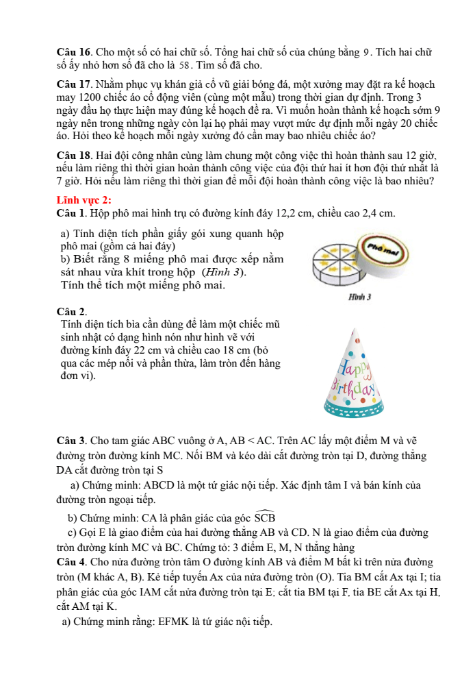 Đề cương ôn tập Học kì 2 Toán 9 trường THCS Mạo Khê II năm 2024-2025
