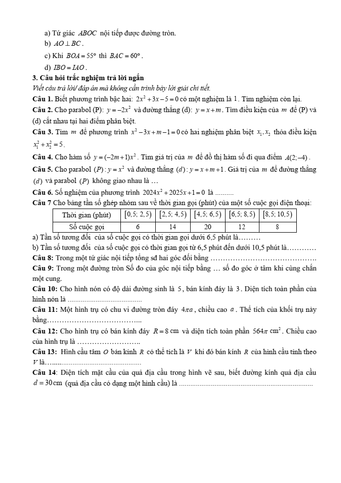 Đề cương ôn tập Học kì 2 Toán 9 trường THCS Nguyễn Gia Thiều năm 2024-2025