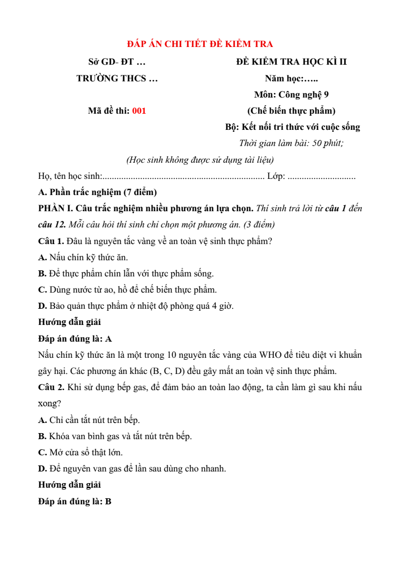 Đề thi Học kì 2 Công nghệ 9 Kết nối tri thức Chế biến thực phẩm (có đáp án)