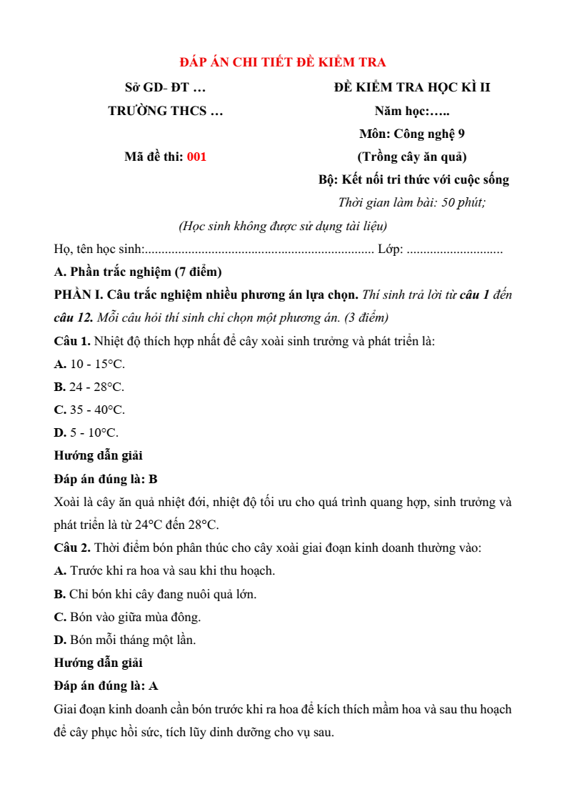Đề thi Học kì 2 Công nghệ 9 Kết nối tri thức Trồng cây ăn quả (có đáp án)