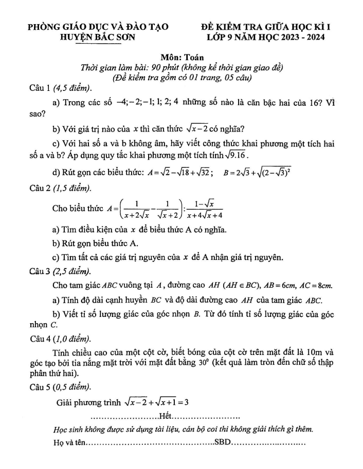 Đề thi Giữa kì 1 Toán 9 năm 2023-2024 phòng GD&ĐT Bắc Sơn (Lạng Sơn)