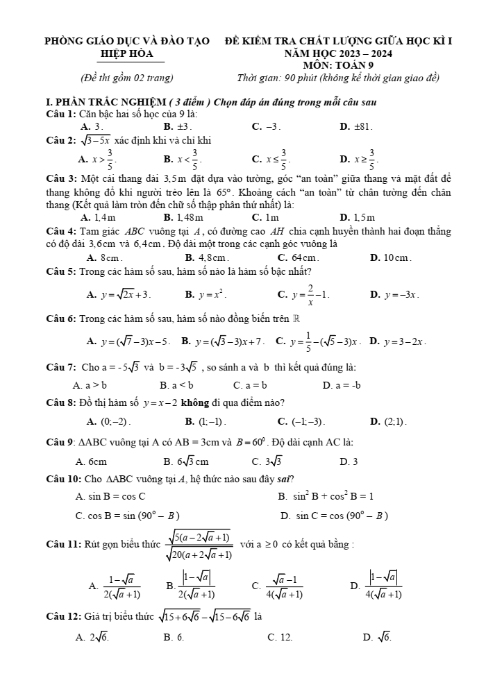 Đề thi Giữa kì 1 Toán 9 năm 2023-2024 phòng GD&ĐT Hiệp Hòa (Bắc Giang)