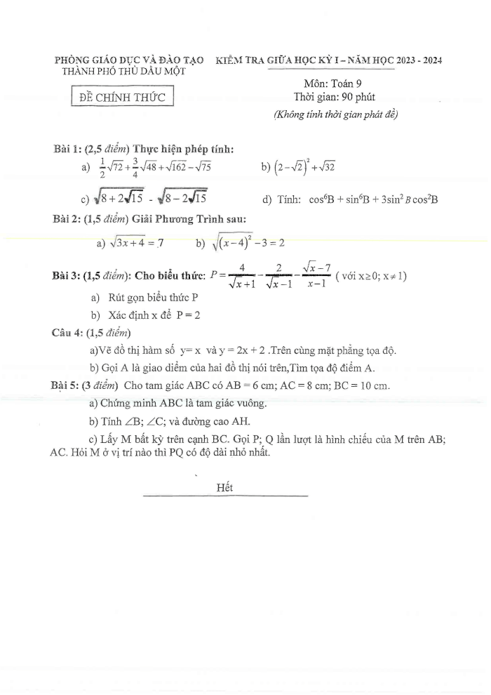 Đề thi Giữa kì 1 Toán 9 năm 2023-2024 phòng GD&ĐT Thủ Dầu Một (Bình Dương)