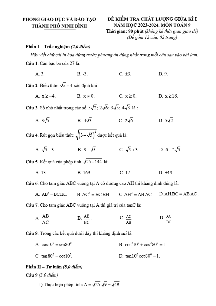 Đề thi Giữa kì 1 Toán 9 năm 2023-2024 phòng GD&ĐT thành phố Ninh Bình
