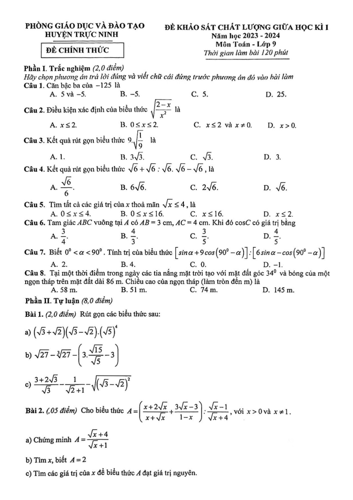 Đề thi Giữa kì 1 Toán 9 năm 2023-2024 phòng GD&ĐT Trực Ninh (Nam Định)