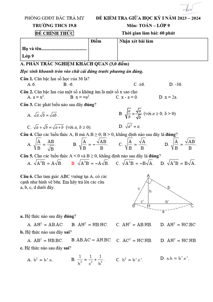 Đề thi Giữa kì 1 Toán 9 năm 2023-2024 trường THCS 19.8 (Quảng Nam)