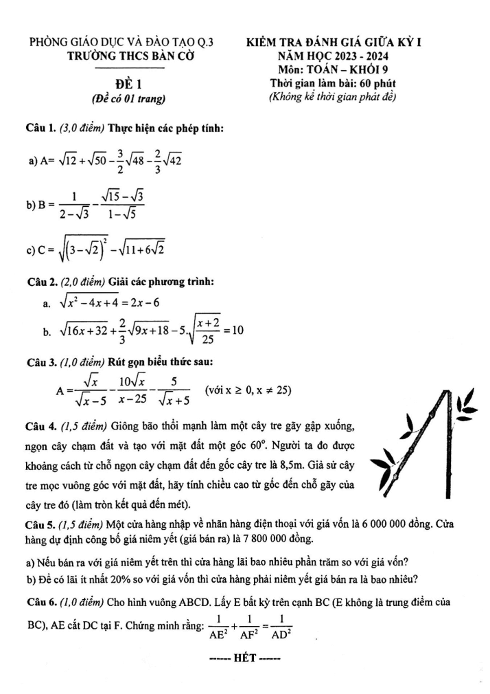 Đề thi Giữa kì 1 Toán 9 năm 2023-2024 trường THCS Bàn Cờ (Tp. HCM)