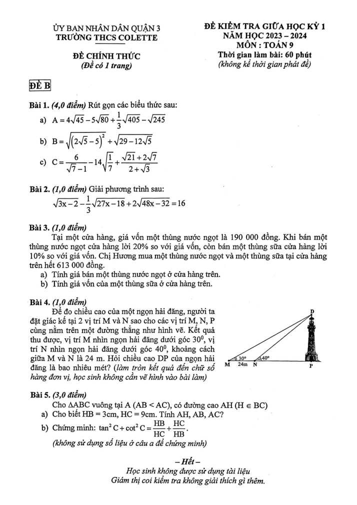 Đề thi Giữa kì 1 Toán 9 năm 2023-2024 trường THCS Colette (Tp. HCM)