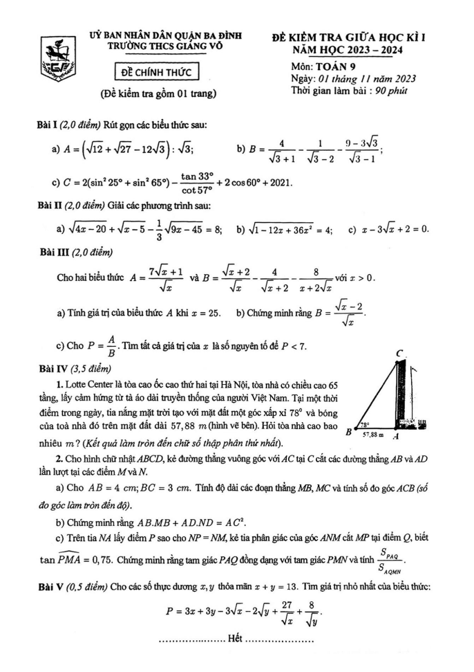 Đề thi Giữa kì 1 Toán 9 năm 2023-2024 trường THCS Giảng Võ (Hà Nội)