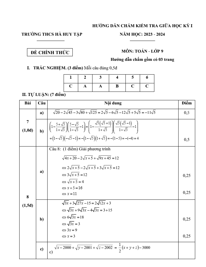 Đề thi Giữa kì 1 Toán 9 năm 2023-2024 trường THCS Hà Huy Tập (Bà Rịa - Vũng Tàu)
