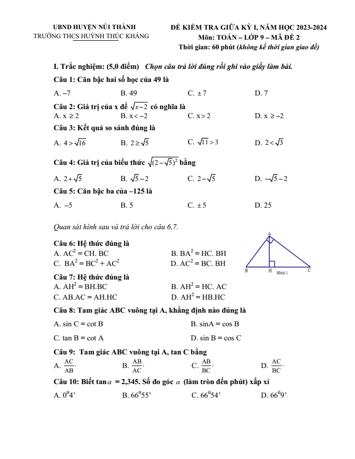 Đề thi Giữa kì 1 Toán 9 năm 2023-2024 trường THCS Huỳnh Thúc Kháng (Quảng Nam)