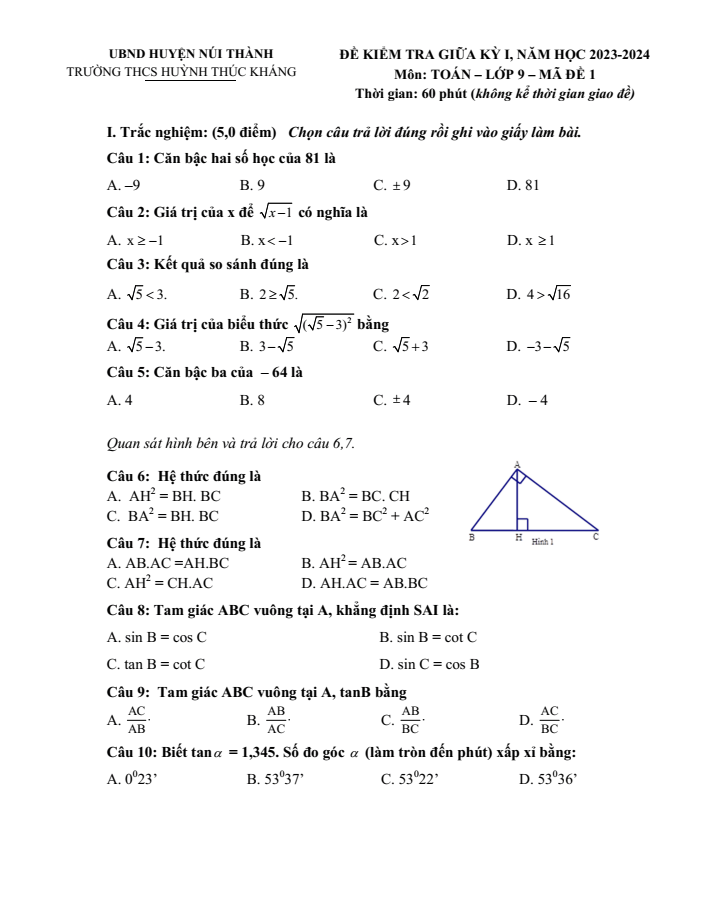Đề thi Giữa kì 1 Toán 9 năm 2023-2024 trường THCS Huỳnh Thúc Kháng (Quảng Nam)