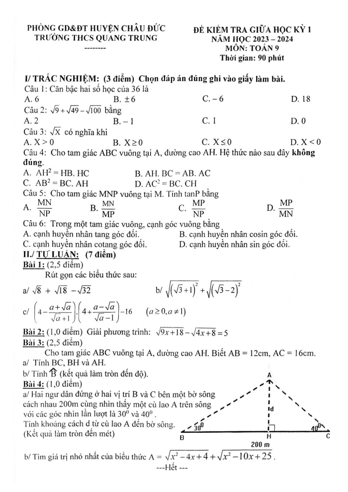 Đề thi Giữa kì 1 Toán 9 năm 2023-2024 trường THCS Quang Trung (Bà Rịa - Vũng Tàu)