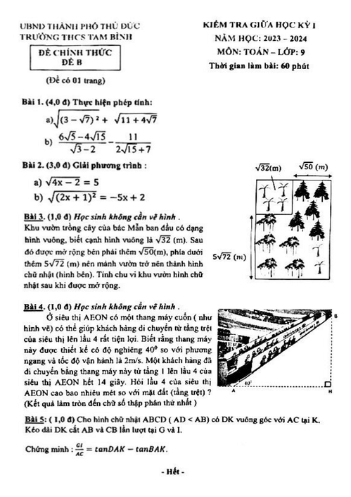 Đề thi Giữa kì 1 Toán 9 năm 2023-2024 trường THCS Tam Bình (Tp. HCM)