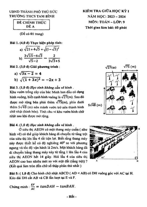 Đề thi Giữa kì 1 Toán 9 năm 2023-2024 trường THCS Tam Bình (Tp. HCM)
