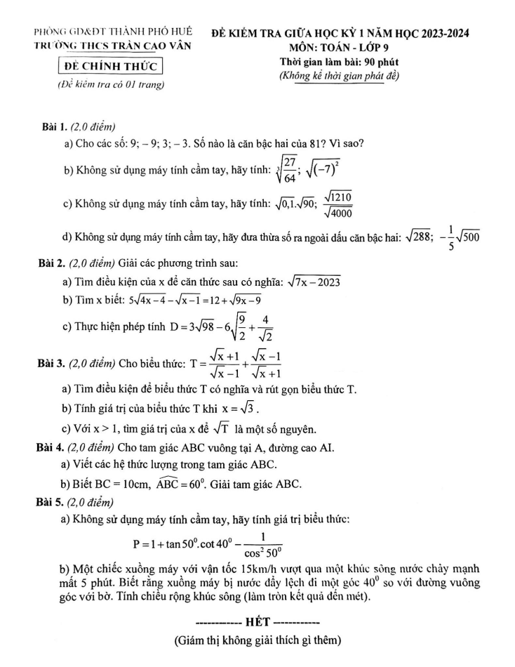 Đề thi Giữa kì 1 Toán 9 năm 2023-2024 trường THCS Trần Cao Vân (Thừa Thiên Huế)