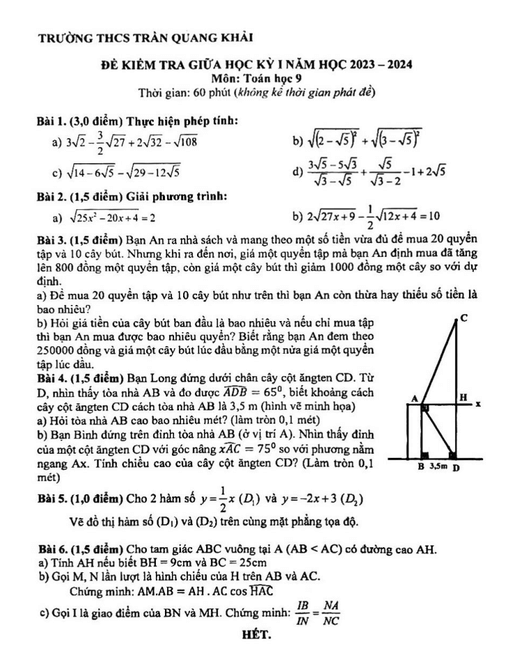 Đề thi Giữa kì 1 Toán 9 năm 2023-2024 trường THCS Trần Quang Khải (Tp. HCM)